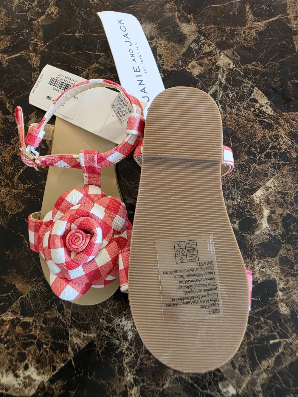 🔥 NWT Janie and Jack Red and White Gingham Floral T-Strap Sandals (Size: 7)